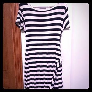 Navy and white striped midi dress